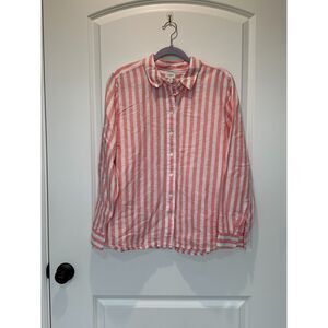 NWT J. Crew Factory Linen Blend Button Down Pink White Stripe Shirt Size XL